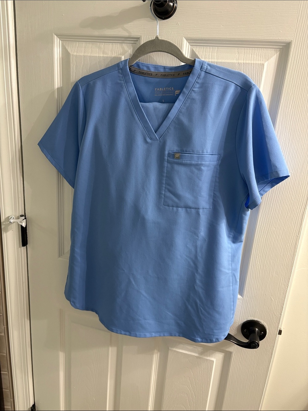 Fabletics women’s Sky Blue V-Neck Scrub Top with jogger pants